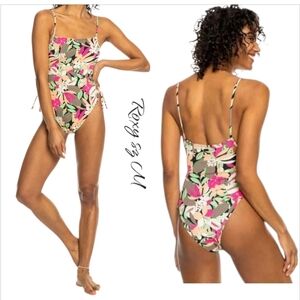 MWT ROXY Printed Beach Classics Lace-Up One-Piece Swimsuit Floral Multi M